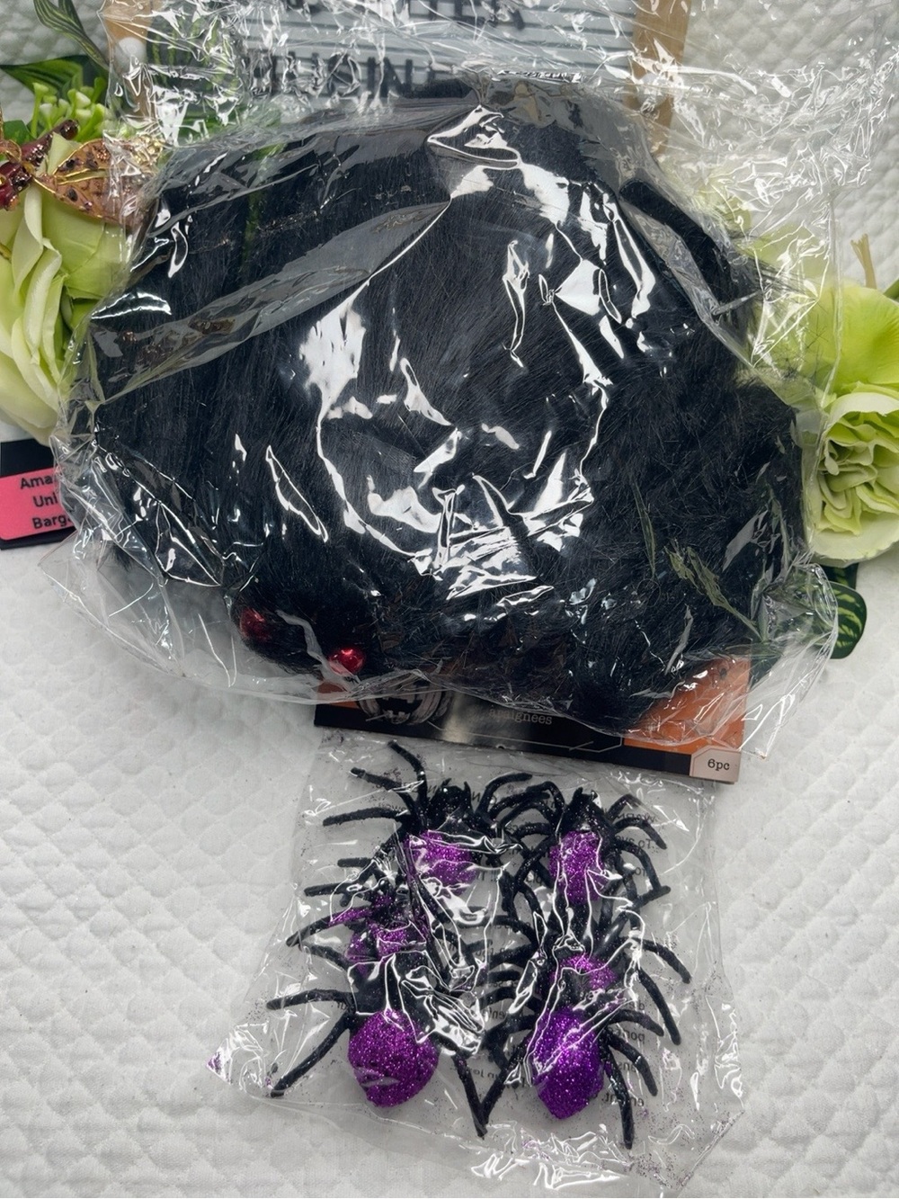 Halloween Spider Decor Bundle Large Fuzzy Black Spider + 6 Glitter Spiders NEW